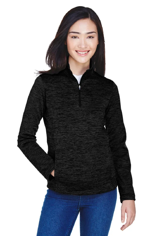 Devon & Jones Womens Newbury Fleece 1/4 Zip Sweatshirt w/ Pouch Pocket - Heather Black Hoodie with Camouflage Military Edgy