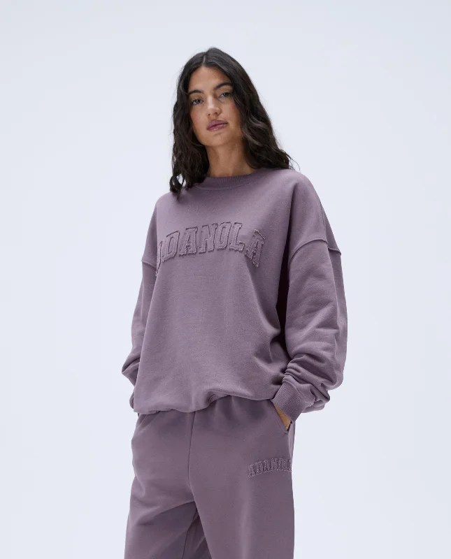 Distressed Varsity Oversized Sweatshirt - Mauve Purple Hoodie with Hood Adjustable Protection