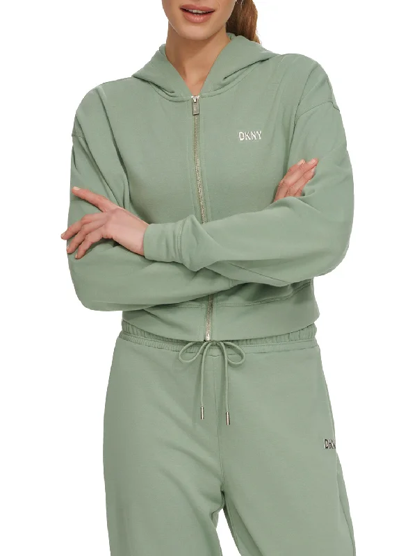 Dkny Women Green Solid Hooded Full Sleeves Zipped Sweatshirt Hoodie with Hem Elastic Stretchable Comfortable