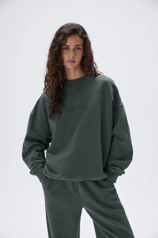 Freehand Oversized Sweatshirt - Mineral Green Hoodie with Hem Ribbing Snug Secure