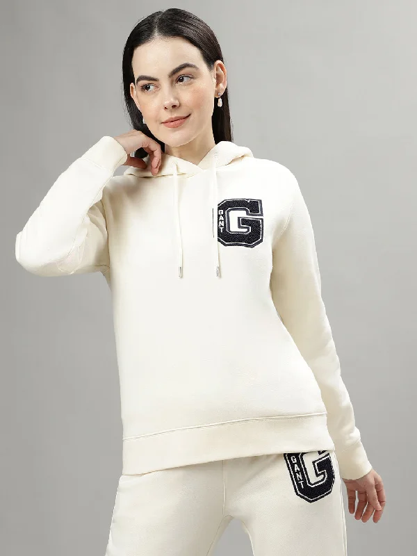 Gant Women Cream Solid Hooded Long Sleeves Sweatshirts Hoodie with Patch Decorative Personalized