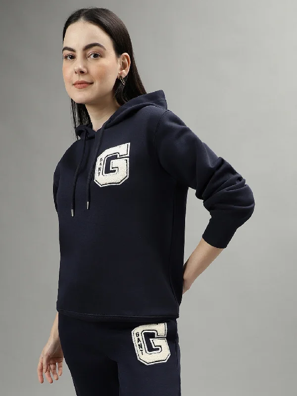 Gant Women Navy Blue Solid Hooded Long Sleeves Sweatshirts Hoodie with Hem Raw Edge Edgy Unfinished