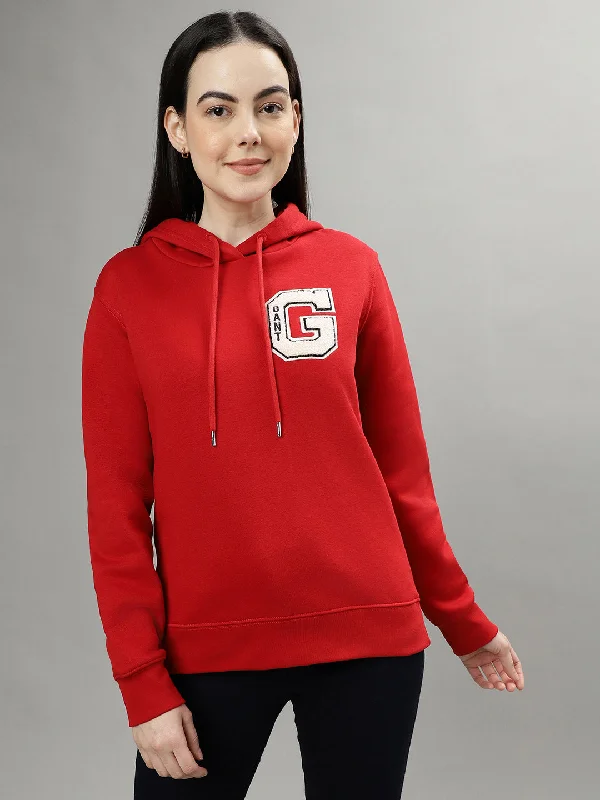 Gant Women Red Solid Hooded Long Sleeves Sweatshirts Hoodie with Cropped Fit Short Trendy