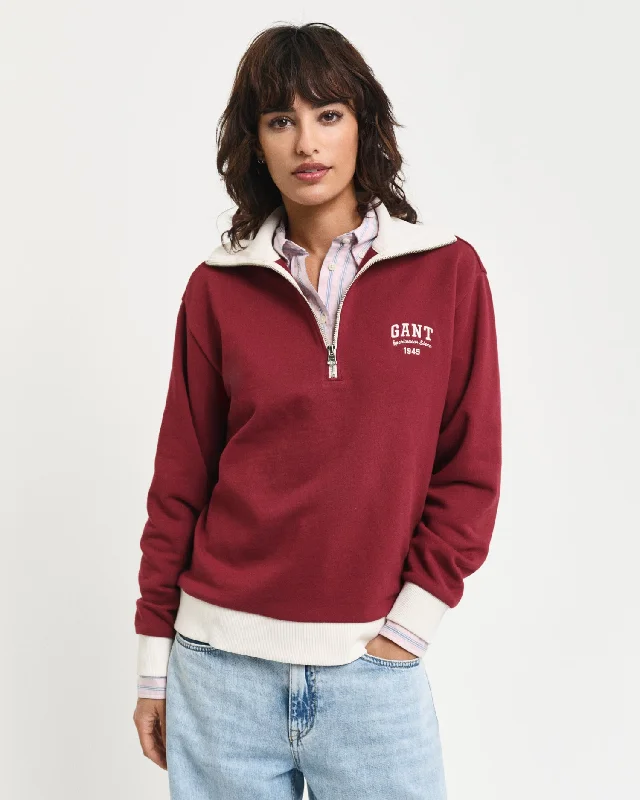 Gant Women Red Solid Spread Collar Full Sleeves Sweatshirt Hoodie with Rolled Sleeves Casual Relaxed