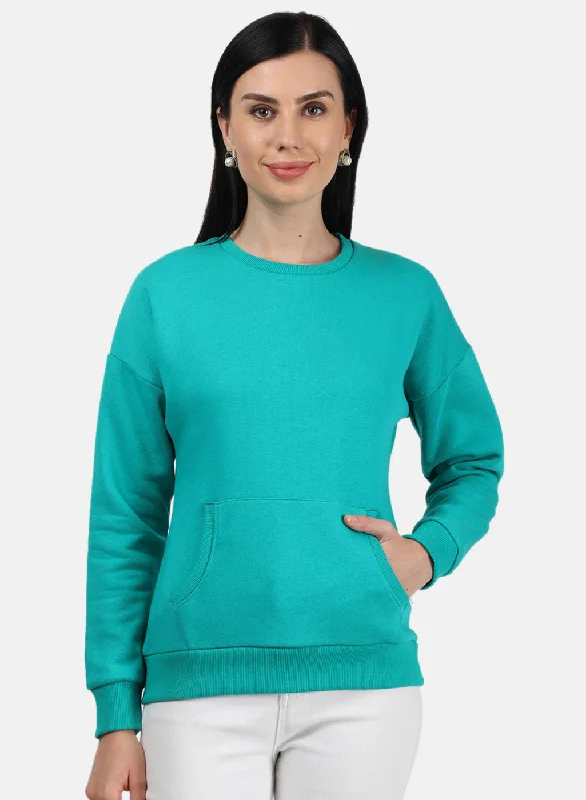 Women Green Plain Sweatshirt Hoodie with Hem Embroidery Detailed Premium