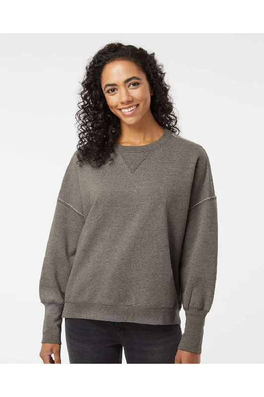 MV Sport Womens Sueded Fleece Crewneck Sweatshirt - Charcoal Grey Hoodie with Puffed Sleeves Voluminous Trendy