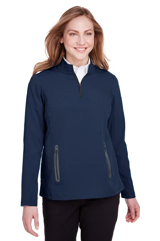 North End Womens Quest Performance Moisture Wicking 1/4 Zip Sweatshirt w/ Pockets - Classic Navy Blue/Carbon Grey - Closeout Hoodie with Hem Frayed Vintage Worn