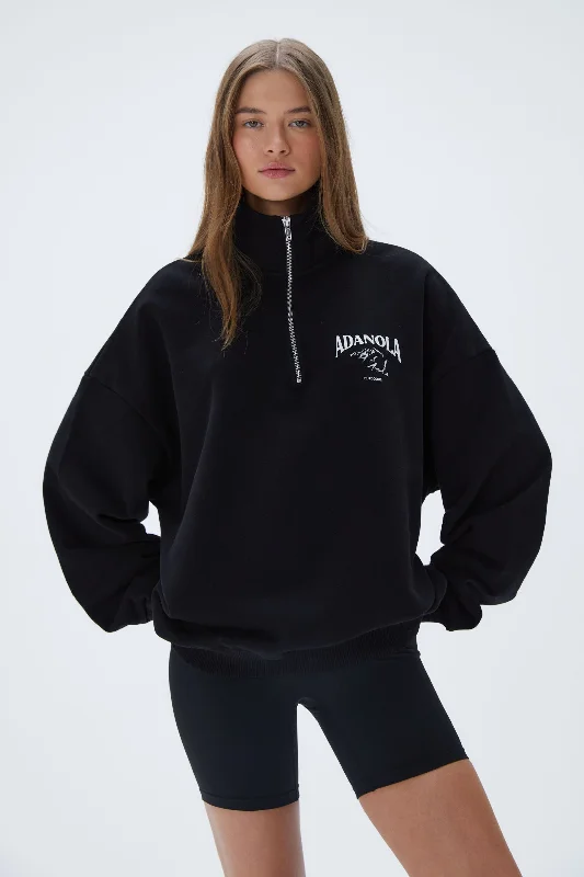 Outdoors Oversized Funnel Neck Zip Sweatshirt - Black Hoodie with Hem Detail Decorative Unique