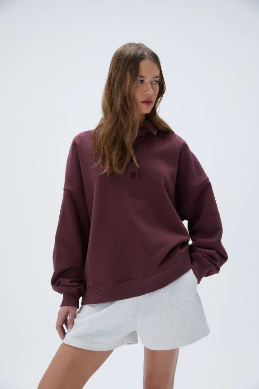 Oversized Button Up Sweatshirt - Burgundy Hoodie with Raw Hem Edgy Unfinished