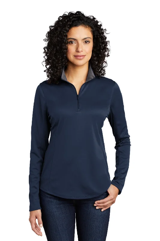 Port Authority Womens Silk Touch Performance Moisture Wicking 1/4 Zip Sweatshirt - Navy Blue/Steel Grey Hoodie with Hem Detail Decorative Unique