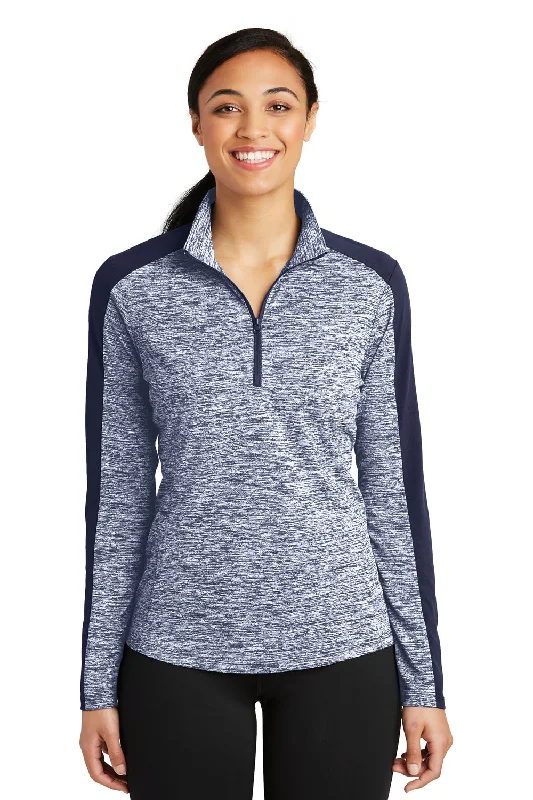 Sport-Tek Womens Electric Heather Moisture Wicking 1/4 Zip Sweatshirt - True Navy Blue Electric/True Navy Blue Hoodie with Pastel Soft Subtle