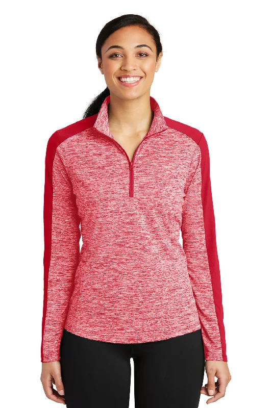 Sport-Tek Womens Electric Heather Moisture Wicking 1/4 Zip Sweatshirt - Deep Red Electric/Deep Red Hoodie with Drawcord Adjustable Secure