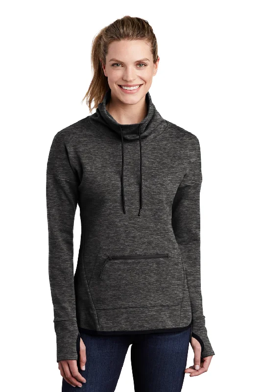 Sport-Tek Womens Triumph Fleece Cowl Neck Sweatshirt w/ Pocket - Heather Black Hoodie with Zipper Placket Modern Functional