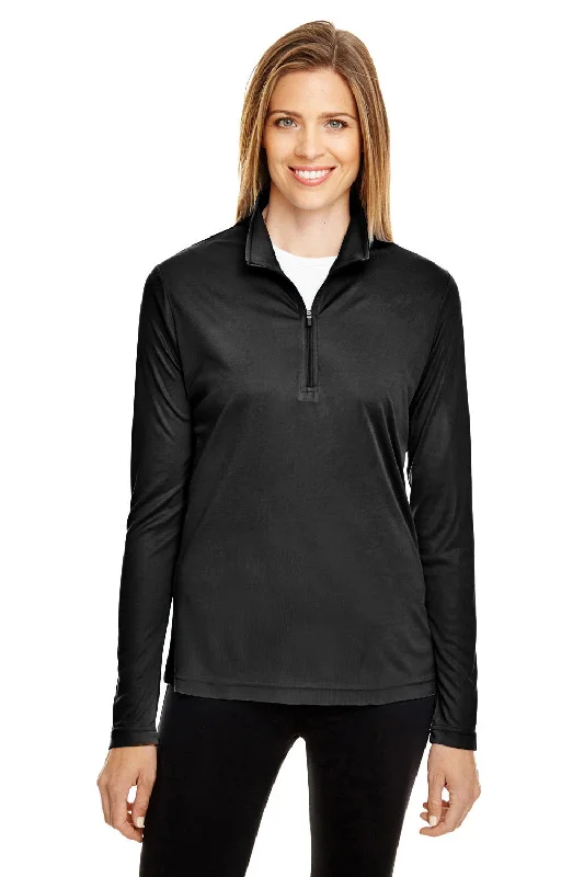 Team 365 Womens Zone Performance Moisture Wicking 1/4 Zip Sweatshirt - Black Hoodie with Mock Neck Collared Structured