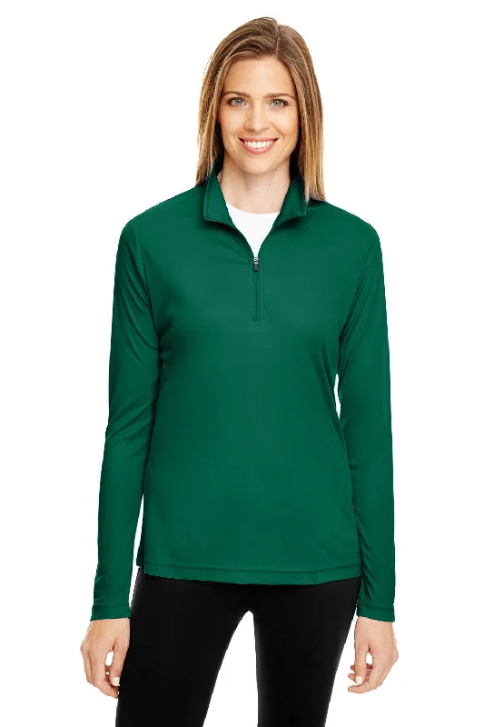 Team 365 Womens Zone Performance Moisture Wicking 1/4 Zip Sweatshirt - Forest Green Hoodie with Tied Waist Feminine Flattering