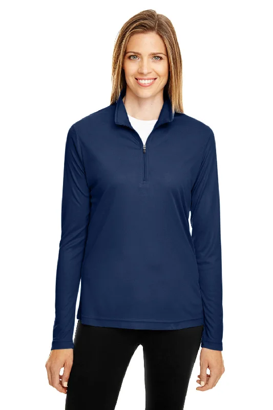 Team 365 Womens Zone Performance Moisture Wicking 1/4 Zip Sweatshirt - Dark Navy Blue Hoodie with Contrast Stitching Detailed Premium