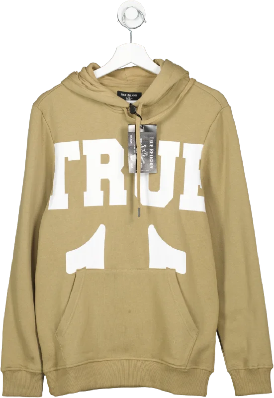 True Religion Beige Large Logo Hoodie UK XS Hoodie with Hem Fringe Bohemian Relaxed