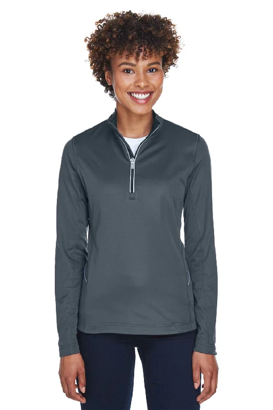 UltraClub Womens Cool & Dry Moisture Wicking 1/4 Zip Sweatshirt w/ Pocket - Charcoal Grey Hoodie with Mock Neck Collared Structured