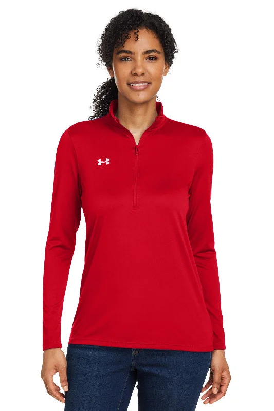 Under Armour Womens Team Tech Moisture Wicking 1/4 Zip Sweatshirt - Red Hoodie with Distressed Vintage Worn