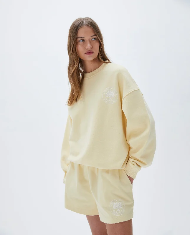 Vacation Relaxed Sweatshirt - Butter Yellow Hoodie with Hem Elastic Stretchable Comfortable