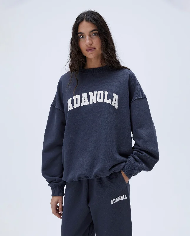 Varsity Oversized Sweatshirt - Midnight Blue Hoodie with Elastic Cuffs Stretchable Comfortable