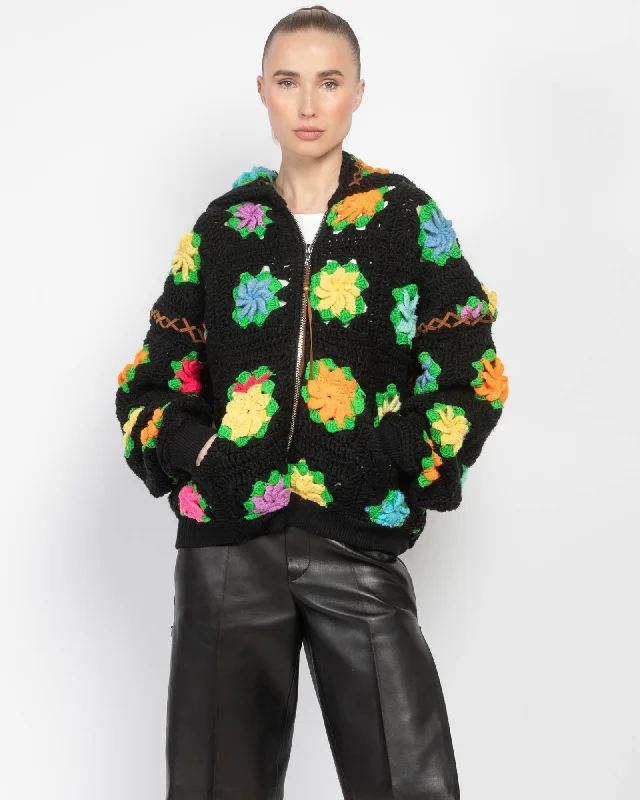 Lydia Square Flower Crochet Hoodie Hoodie with Slit Hem Functional Movement